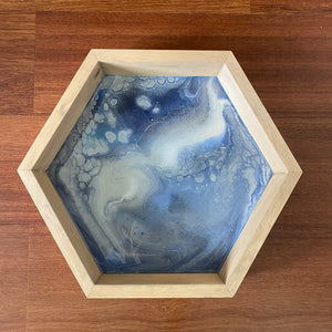 Hexagon Tray with Blue/Silver Pour Natural Stain